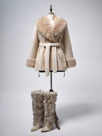 Chaqueta casual de mujer con cuello de piel sintética suelta y de patchwork