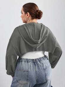 SHEIN CURVE+ 大码黑色针织超短款连帽毛衣，适合秋冬穿/秋冬 - 灰色 - 查看 3