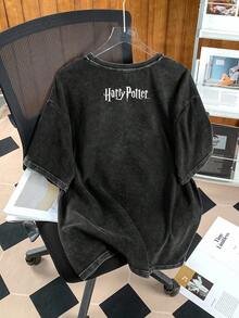 HARRY POTTER X SHEIN Men's Letter & Logo Graphic Round Neck Short Sleeve T-Shirt, 2000s Style - White - View 2