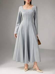 Heiryn Women's Elegant Solid Color Waist Cinched Mid-Length Dress, Suitable For Parties - Blue - View 4