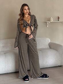 SHEIN Conjunto de pijama de pantalón y blusa de manga larga a rayas casual para mujer - Multicolor - Ver 5