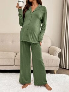 SHEIN 两件套孕妇纯色上衣和裤子家居服套装 - 軍綠色 - 查看 5