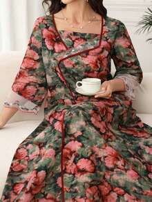 Al Najma Square Neck Ruffle Sleeve Mesh Embroidered Floral Trim Asymmetrical Print Dress - Multicolor - View 1