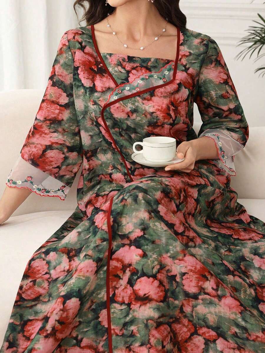 Al Najma Square Neck Ruffle Sleeve Mesh Embroidered Floral Trim Asymmetrical Print Dress - Multicolor - View 1