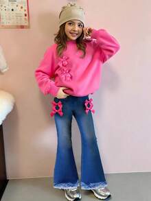 Girls' Hot Pink Bow Sweatshirt & Digital Print Denim Effect Flared Pants 2-Piece Set,Cute Back-To-School Autumn School Outfit For Tween Girls - Multicolor - View 3