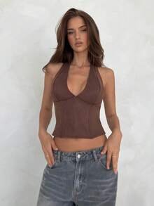 Aloruh Women's Brown Textured Knit Crew Neck Long Sleeve Fitted Sweater, Autumn/Winter - Brown - View 4