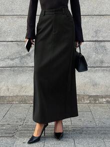 Livesso 女士休闲纯色直筒长裙，秋冬款 - 黑色 - 查看 1