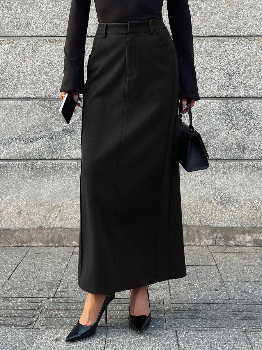 Livesso Chân váy dài thẳng màu trơn thường ngày cho nữ, Thu/Đông - màu đen - Xem 1
