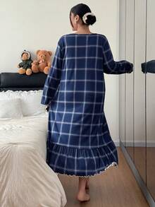 Napfluff CURVE Napfluff CURVE Plus Size Women's Navy Blue Plaid Print Ruffle Trim Lace V-Neck Bow Tie Super Soft Milk Silk Long Sleeve Nightgown, Casual Comfortable Wear As Midi Dress, Moo Moo Night Dress - Navy Blue - View 2