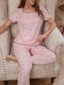 CottageSlumber Women's Pink Floral Print Short Sleeve Pajama Set,Elegant Summer Waffle Texture Round Neck Sleep Wear Set For Women - Baby Pink - View 5