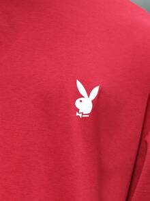 PLAYBOY X SUMWON Men's Boxy Fit Long Sleeve Crew Neck T-Shirt With Access Granted Print Collaboration Statement Top - Red - View 5