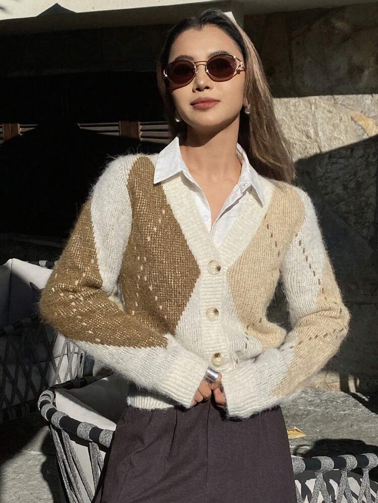 Women's V-Neck Plaid Color Block Patchwork Casual Elegant Cardigan