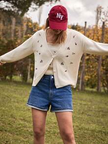 Cloudara Embrodery Flower Detail Cardigans And Embrodery Knit Top Women Sweater Co-Ords - Beige - View 1