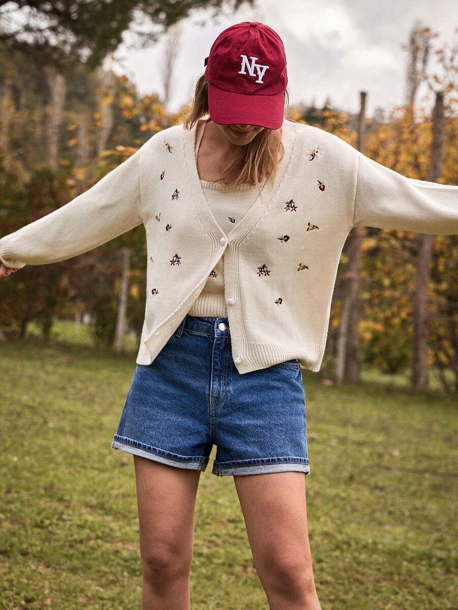 Cloudara Embrodery Flower Detail Cardigans And Embrodery Knit Top Women Sweater Co-Ords - Beige - View 1