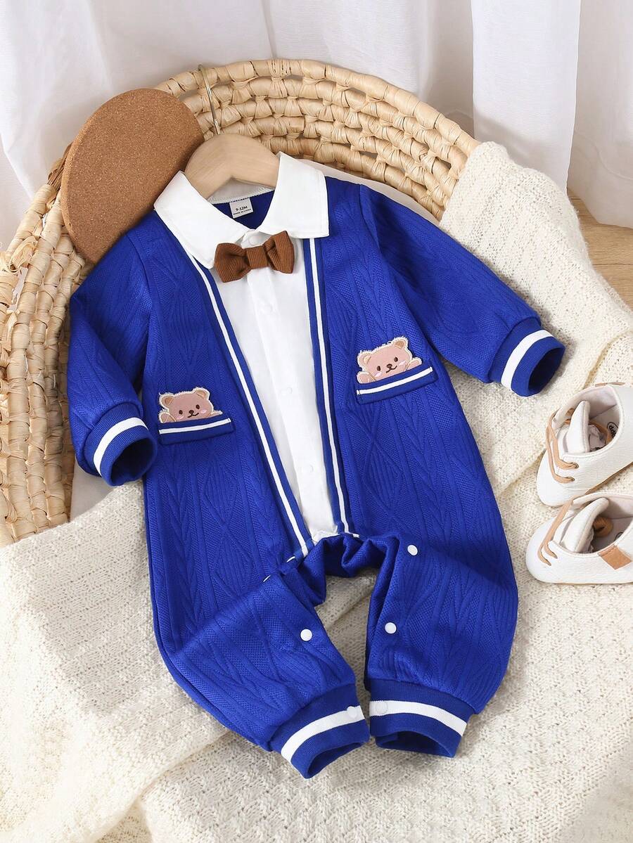 SHEIN Infant Boys' Autumn New Gentleman Style 2 In 1 Jumpsuit Baby Boy Korean Style Outfit Baby Boy Blue Jumpsuit Baby Boy Bow Tie Outfit Baby Boy Classic Outfit Baby Boy Full Sleeve Romper Baby Boy Gentleman Suit Blue Vintage Baby Boy Outfit