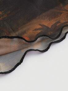 SHEIN MOD Retro Vintage Figure Graphic Lettuce Trim Mesh Cami Dress - Multicolor - View 4