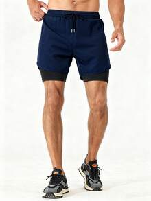 Manfinity Fitness 男友风格男士抽绳腰部二合一运动弹力短裤，带手机口袋健身短裤男友风格男士短裤男友风格男士篮球短裤洗手液学校