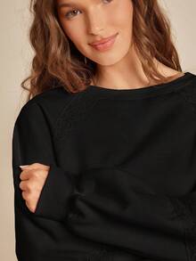 WESTFADE Fleece & Crochet Lace Crewneck Raglan Sleeve Boxy Fit Sweatshirt Back To School Fall Clothes - Black - View 5