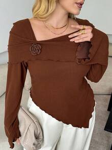 Modelyn Women's Square Neck Flare Sleeve Floral Decor Fitted Irregular Hem Versatile Plus Size T-Shirt - Brown - View 1