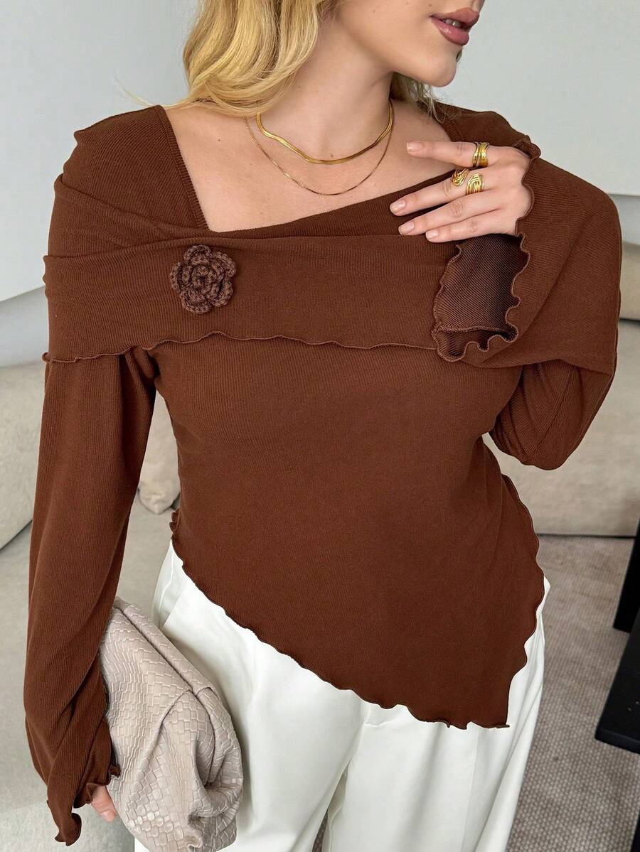 Modelyn Women's Square Neck Flare Sleeve Floral Decor Fitted Irregular Hem Versatile Plus Size T-Shirt - Brown - View 1