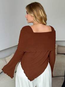 Modelyn Women's Square Neck Flare Sleeve Floral Decor Fitted Irregular Hem Versatile Plus Size T-Shirt - Brown - View 2