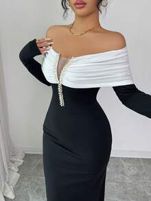 SHEIN Elenzya 女士优雅黑色露肩珍珠装饰连衣裙，适合日常穿着、婚礼、晚宴、通勤、毕业典礼、节日、约会、派对、万圣节、圣诞节、新年、感恩节等场合。 - 黑色 - 查看 3