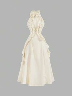 SHEIN MOD Apricot 3D Flower Halterneck Dress With Ruffled Hem,Bachelorette Dress,Midi Women Dresses,Fall Dresses,Cream Dress,Evening Dress,Homecoming Dresses,Fall Clothes