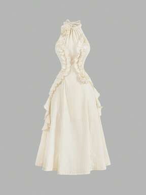 SHEIN MOD Apricot 3D Flower Halterneck Dress With Ruffled Hem,Bachelorette Dress,Midi Women Dresses,Fall Dresses,Cream Dress,Evening Dress,Homecoming Dresses,Fall Clothes