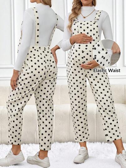 SHEIN Maternity Polka Dot Pocket Design Casual Denim Bib Pants, Autumn Winter Christmas New Year Thanksgiving Commuting Vacation Graduation Chic Y2k Cute Streetwear Party Wedding Elegant Business Casual Woman Women's Polka Dot Maternity Jumpsuit Adorable Casual Overalls For Expecting Mothers Comfortable Polka Print Pregnancy Bib Pants Elegant Polka Dot Versatile Playful Cute Jumpsuit