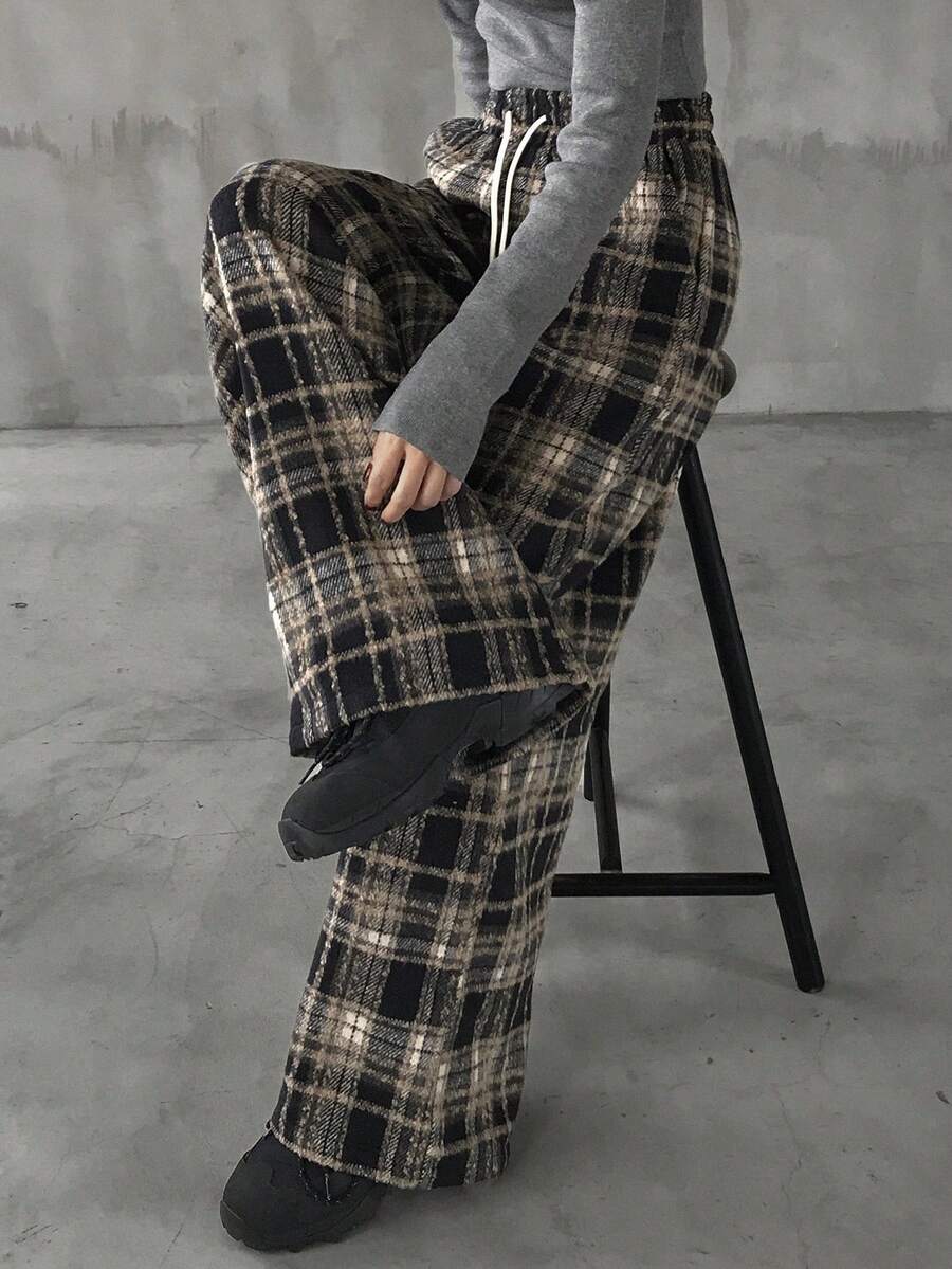 FRIFUL 女士格子抽绳腰直筒休闲裤，百搭 - 黑色 - 查看 1