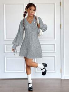 SHEIN EZwear 秋冬季绞花针织灯笼袖毛衣连衣裙 - 灰色 - 查看 5