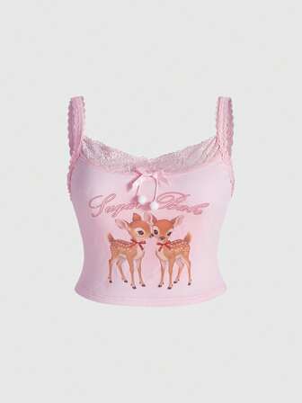 Canottiera in maglia rosa con stampa a cuore e cervo, stile kawaii e carino, taglie comode, con spalline sottili