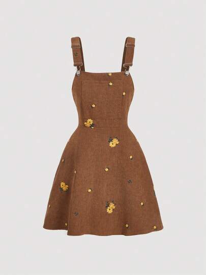 SHEIN MOD Vintage Brown Daisy Decorated Front Pocket Slip Dress, Winter Dress, Vintage Dress, Pirate Dress, Dress, Holiday Dress,Corduroy Dress