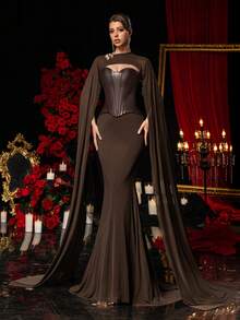 Glamrae Elegante, romántico, sexy, minimalista, marrón café, material de cuero, patchwork de satén, decoración de espina de pescado, cuello de chal de malla, decoración de flor de metal, bajo de cola de pez con cola, adecuado para todas las ocasiones formales, bodas, vestidos de cena de gala - Óxido marrón - Ver 8