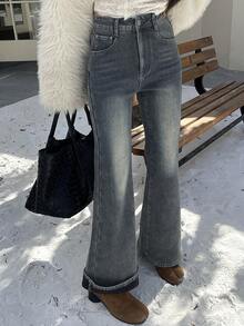 DAZY 女士喇叭形保暖内衬牛仔裤，秋冬季 Y2K 款式 - 藍色 - 查看 10