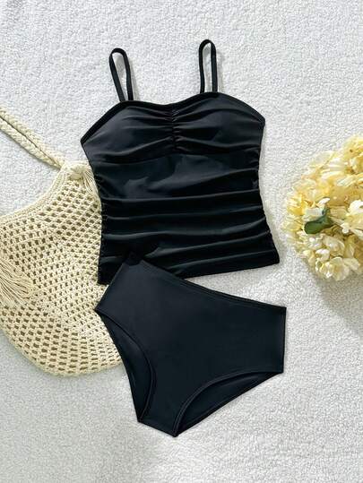 Tween Girls Tankinis 2-Piece Ruffled Tankini Swimsuit Set, Black, Spaghetti Strap Crop Top And Hipster Bottom, Fashionable, Elegant, Suitable For Swimming, Vacation, Summer Black Tankini Bathing Suit Set High Waist Swimsuit Set Swimsuits For Teen Girls Black Bathing Suits For Teens Black Teen Girl Swimsuit 2 Piece Summer Two Piece Set Teens Tween Girl Swimsuit Two Piece Swimwear Girls Set Teen Girls Black Swimsuit Black Two Piece Bathing Suit Swimsuits For 14 Year Old Modest Bikini Set Black Bathing Suits For Girls Two Piece Tween Black Bathing Suit Black Tankini Set Black High Waist Tankini