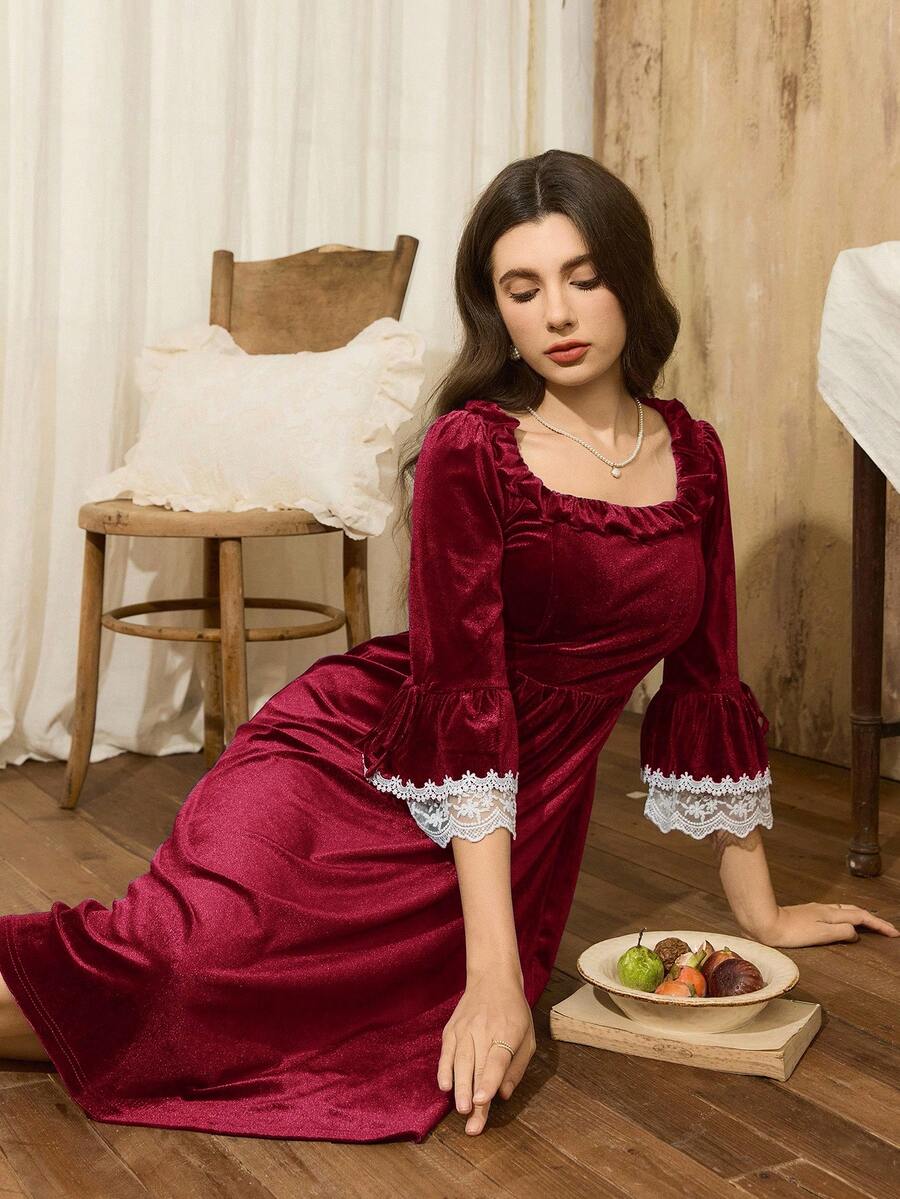 Côtesoire 法式優雅對比色蕾絲與天鵝絨女款睡袍,Moo Moo 睡裙女款睡衣女用睡裙天鵝絨睡袍 - 酒紅色 - 查看 1