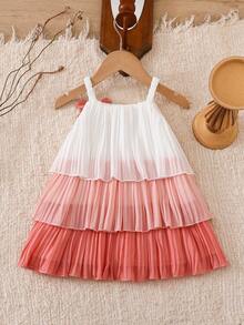 SHEIN 女婴时尚可爱无袖百褶蛋糕裙，夏季渐变色吊带设计，适合派对度假 - 粉色 - 查看 2