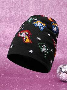 THE POWERPUFF GIRLS X SHEIN 1顶卡通花朵、泡泡、毛茛图案针织帽，时尚街头服饰 - A - 查看 1