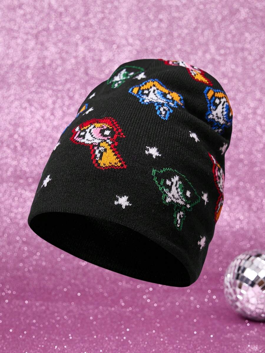 THE POWERPUFF GIRLS X SHEIN 1顶卡通花朵、泡泡、毛茛图案针织帽，时尚街头服饰 - A - 查看 1