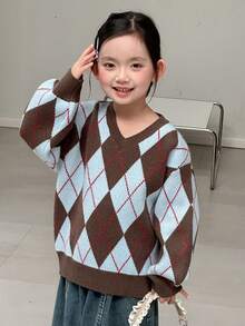 DAZY Girls Vintage V-Neck Argyle Patchwork Pullover Sweater Top, Young Girl Fall Fashion - Coffee Brown - View 3