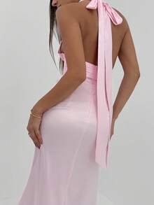 Aloruh Women's Deep V-Neck Ruched Waist Party Dress, Pink, Valentine's Day - Pink - View 2