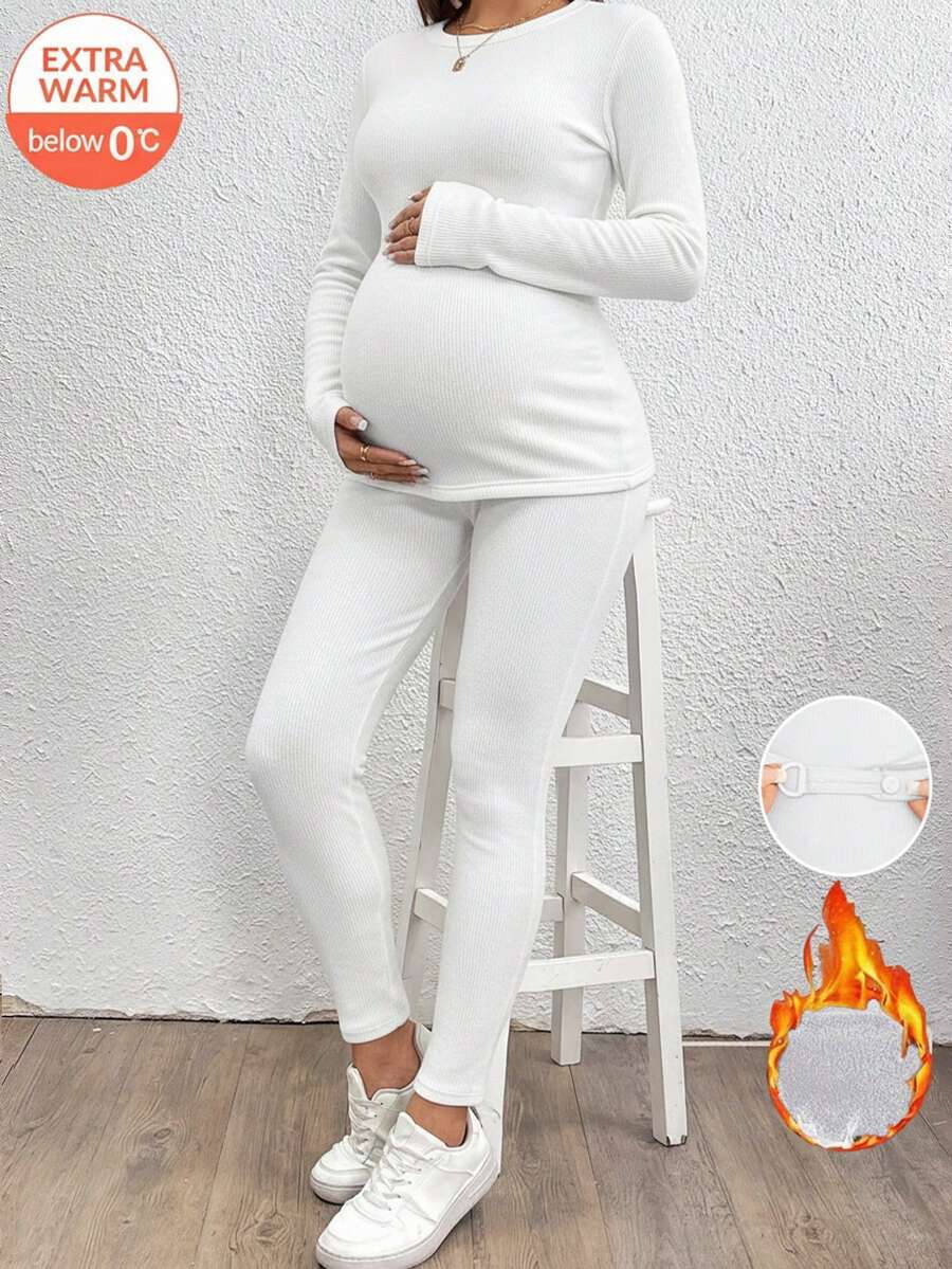 SHEIN 孕婦休閒純色保暖內裡上衣與褲子2件套,冬季白色絲滑簡約休閒日常孕婦穿搭內搭褲保暖衣 - 白色 - 查看 1