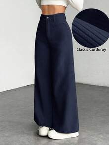 SHEIN EZwear Plus Size Casual Wide Leg Pants, Thick Corduroy Solid Color Front Button, Navy Blue - Navy Blue - View 1