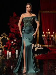 Glamrae 优雅奢华露肩亮片刺绣真丝缎褶裥设计收腰鱼尾裙摆晚礼服，商务正装，宾客礼服，轻盈正式礼服 - 綠色 - 查看 2