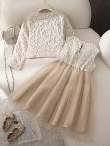 2 件套青少年女孩服装，包括提花编织圆领无袖背心、网眼蝴蝶结连衣裙和长袖开衫，适合秋季上学的百搭休闲装 - 卡其色 - 查看 2