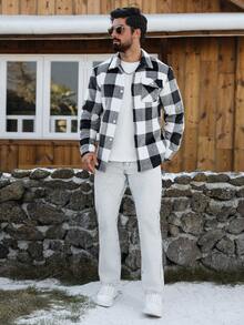 Manfinity CasualCool 男士格子印花口袋前开襟纽扣休闲长袖衬衫 - 黑與白 - 查看 4