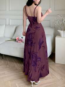 Modelyn Vestido casual de verano para mujer con estampado floral de malla, tirantes finos y volantes en la cintura - Burdeos - Ver 2