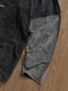 SWAVVY Men's Standard Casual Long Sleeve T-Shirt, Graphic Print & Contrast Color Patchwork Design, Faux 2-In-1 Streetwear Top Graphic Long Sleeve - Black - View 4