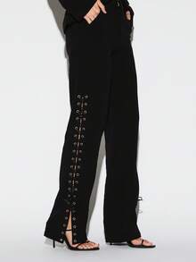 KIZN Quần Palazzo ống rộng buộc dây có lỗ cài bên hông, quần dài cạp cao thời trang thường ngày - màu đen - Xem 1